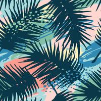 Seamless exotic pattern with tropical plants and artistic background. vector