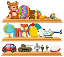 Many cute toys on wooden shelves vector