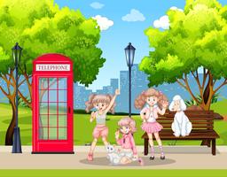 Girls and pet dogs in park vector