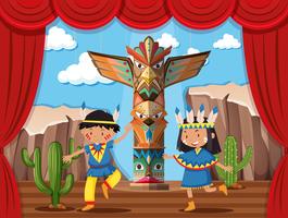 Two kids playing native indian on stage vector