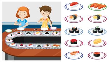 Dos señoras en un tren de sushi vector