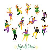 Mardi Gras. Ilustración vectorial de divertidos hombres y mujeres bailando en trajes brillantes vector