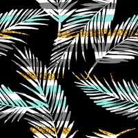 Seamless exotic pattern with palm leaf silhouettes. Gold glitter texture.