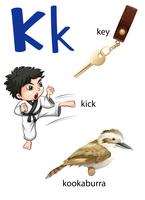 Letra K para clave, patada y kookaburra. vector