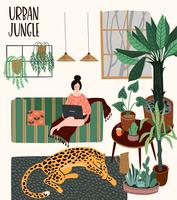 Jungla urbana. Ilustración del vector con la decoración del hogar de moda.