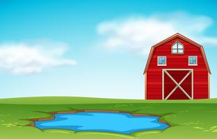 Red barn and pond farm scene vector