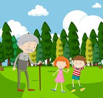 Grandfather and two children in the park vector