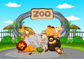Escena en el zoológico con cuidadores y animales. vector