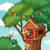 Children playing at tree house vector