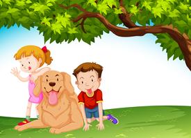 Children and a dog at the park vector