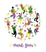 Mardi Gras. Ilustración vectorial de divertidos hombres y mujeres bailando en trajes brillantes vector