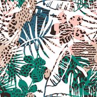 Trendy seamless exotic pattern with palm, animal prints and hand drawn textures. vector