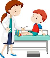 Doctor helping young boy with sore leg vector