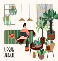 Jungla urbana. Ilustración vectorial con plantas de interior. vector