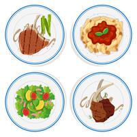 Cuatro tipos de comida en platos redondos.
