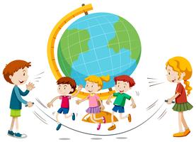 Children skipping infront of globe vector