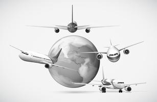 Airplanes flying around the earth in grayscale vector