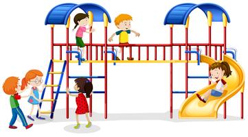 Many children playing at the playhouse vector