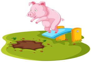 Pig jumping in muddy puddle vector