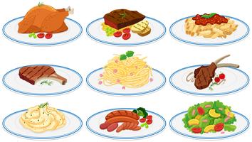 Different types of food on the plates vector
