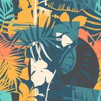 Seamless exotic pattern with tropical plants and artistic background. vector