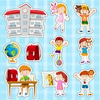 Sticker set with students and school vector