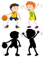 Dos niños jugando baloncesto vector