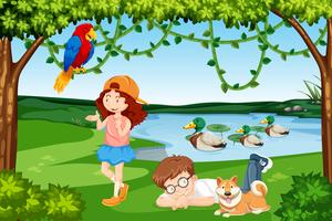 Children and animals wood scene vector