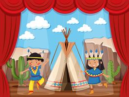 Boy and girl playing native indians on stage vector