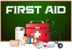 First aid word on board and different equipment in kit vector