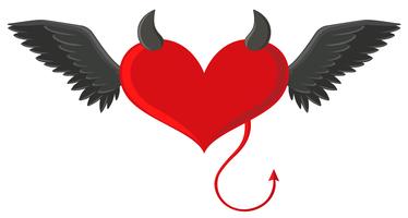 Corazón rojo con cuernos de demonio y cola. vector