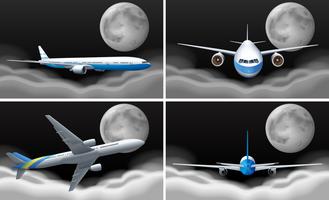 Cuatro escenas con avión volando por la noche. vector