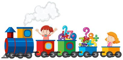 Girls riding a train with math number vector