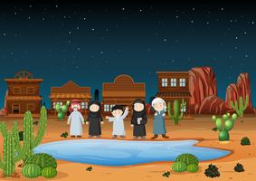 Arab people standing on desert land at night vector