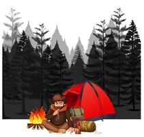 A Man Camping in Dark Forest