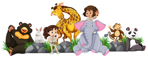 Safari girls and wild animals vector