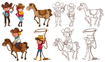 Cowboys and horses in colors and line vector