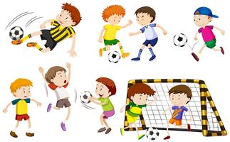 Many boys playing football vector