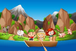 Camping children paddle wooden boat vector