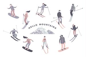 Ilustración vectorial de esquiadores y snowboarders. vector