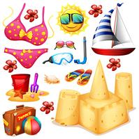 Set de verano con bikini y castillos de arena. vector