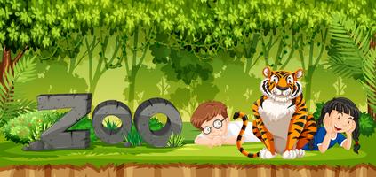Children with tiger scene vector