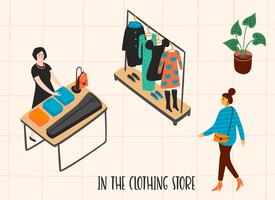 Clothing store. Vectpr illustration with characters. vector