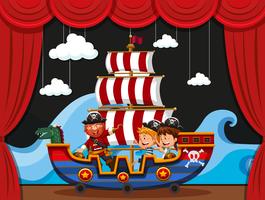 Pirate and kids on viking ship vector
