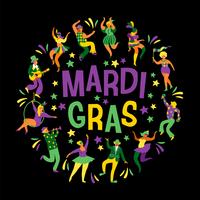 Mardi Gras. Vector illustration of funny dancing men and women in bright costumes