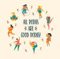 Cuerpo positivo. Felices chicas de talla grande y estilo de vida activo. vector