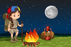 A girl camping at night vector