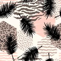 Abstract seamless pattern with animal print, tropical plants and geometric shapes. vector