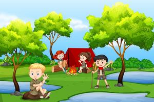 Camping kids in the forest vector