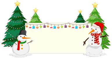 Snowman and christmas tree paper frame vector